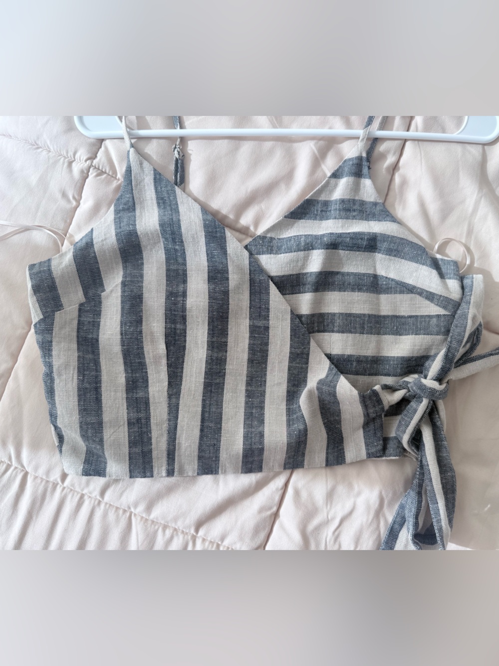 ASTR-Striped Wrap Crop Top - Blue & Cream - Picture 2 of 4